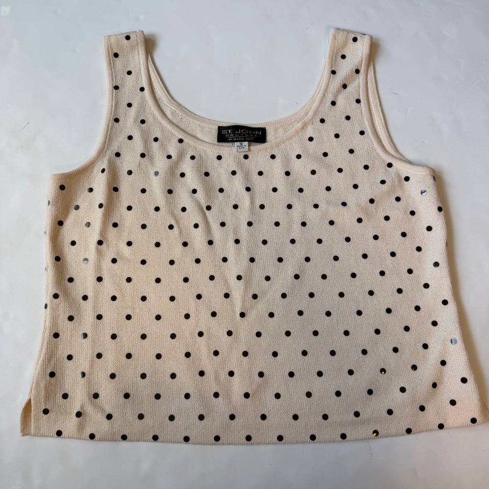 90s Vintage St John Couture Polka Dot Sequin Knit Sleeveless Top Beige 10 Resort